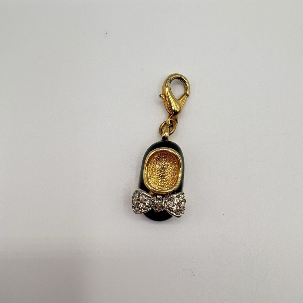 Vintage Cookie Lee Black Shoe Charm Pendant W Rhinestone Bow And Gold Interior